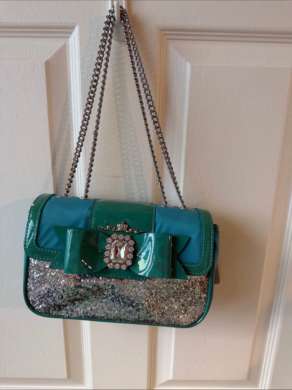 Teal Patent Bow Shoulder Bag with Crystal Accent